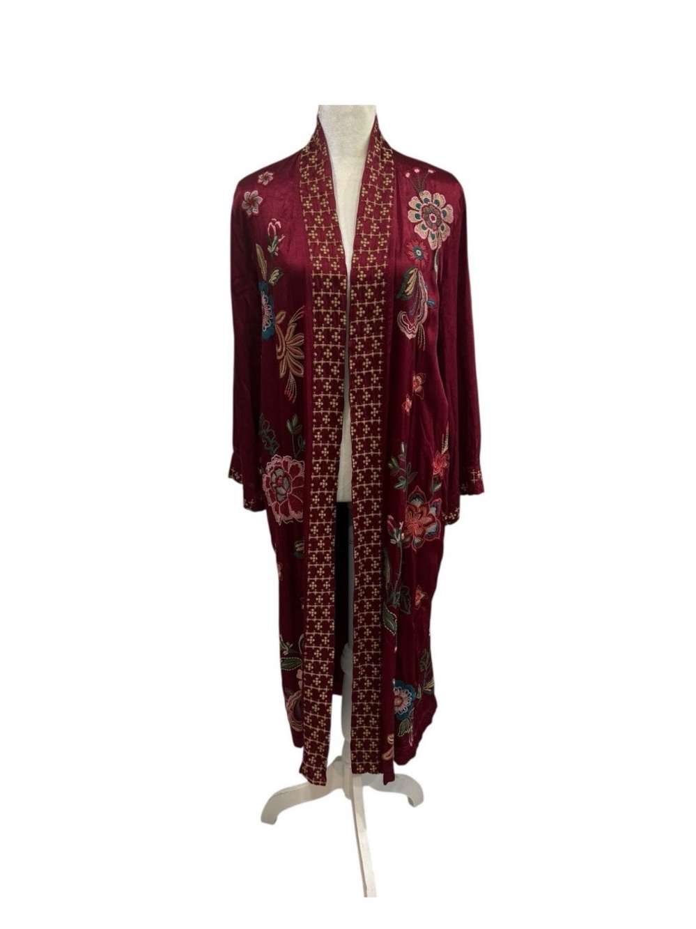Johnny Was Wine Red Floral Embroidered Kimono Jacket